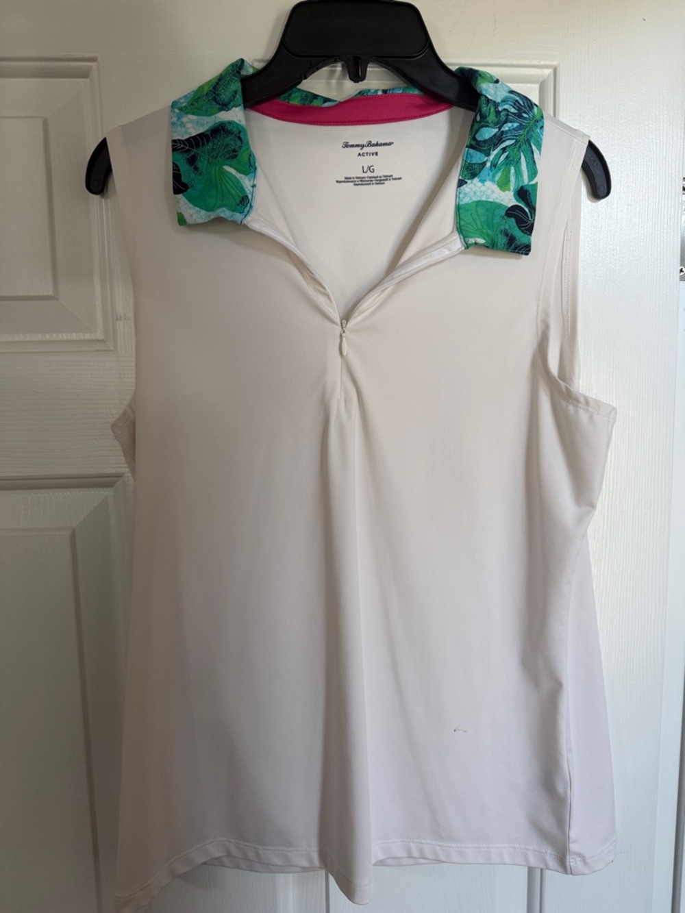 Tommy Bahama Cream Sleeveless Polo Tank with Green Tropical Collar